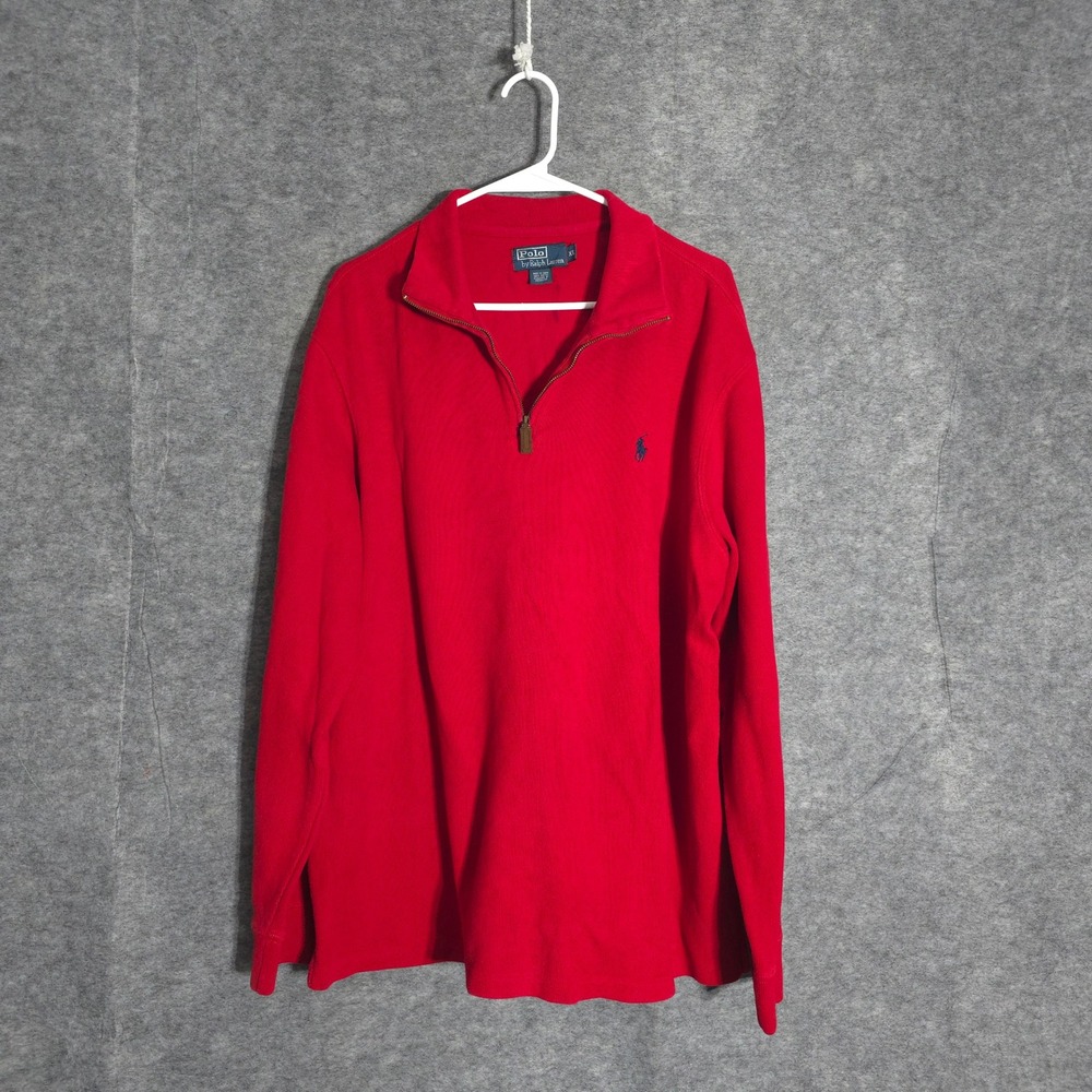 Polo Ralph Lauren Quarter Zip Men XL Red Pique Cotton Pony Logo Pullover Sweater